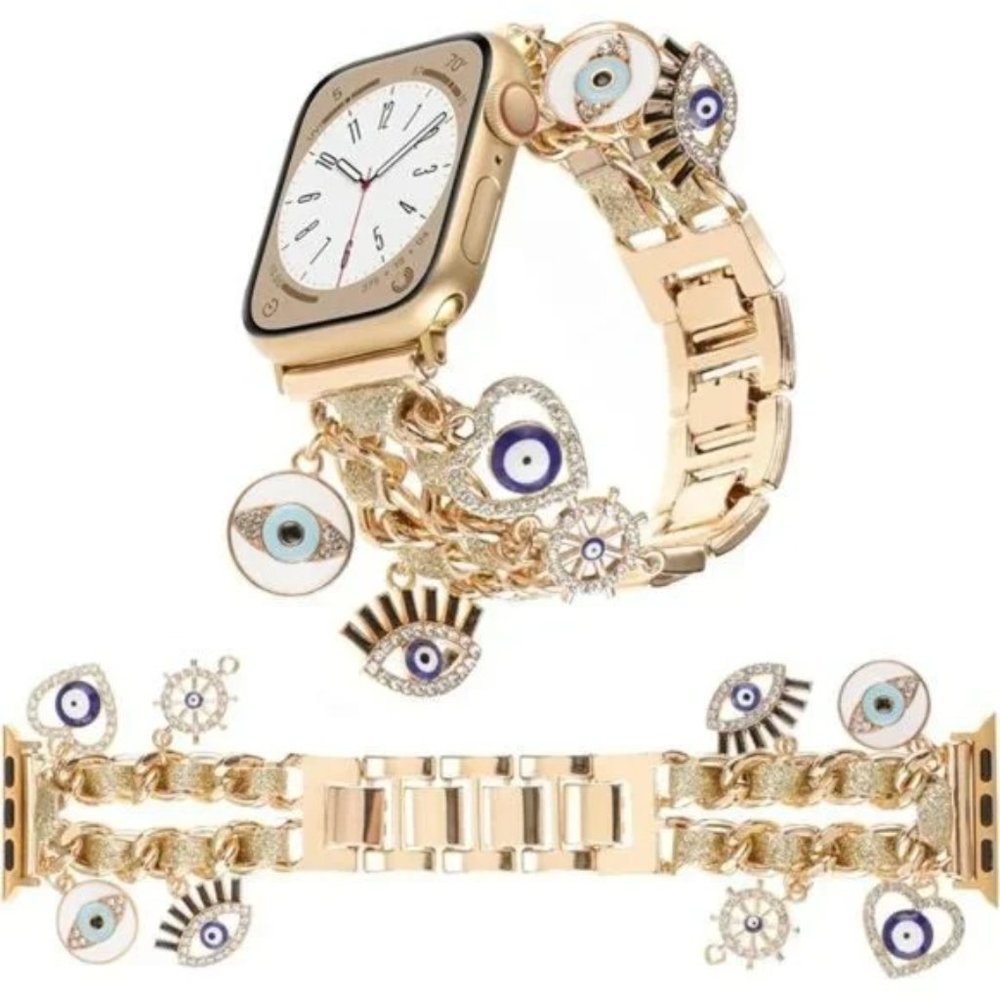 NEW Gold Apple Watch Band w/Evil Eye Charms - Picture 3 of 5